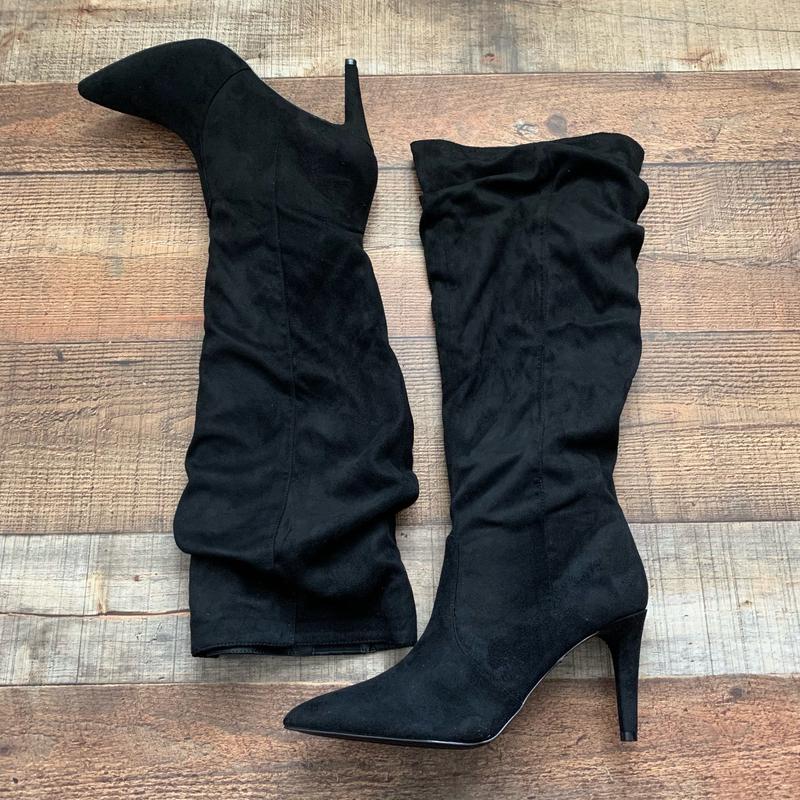 Lulus Captin Black Suede Pointed-Toe Knee High Boots- Size 9 (Sold out online)