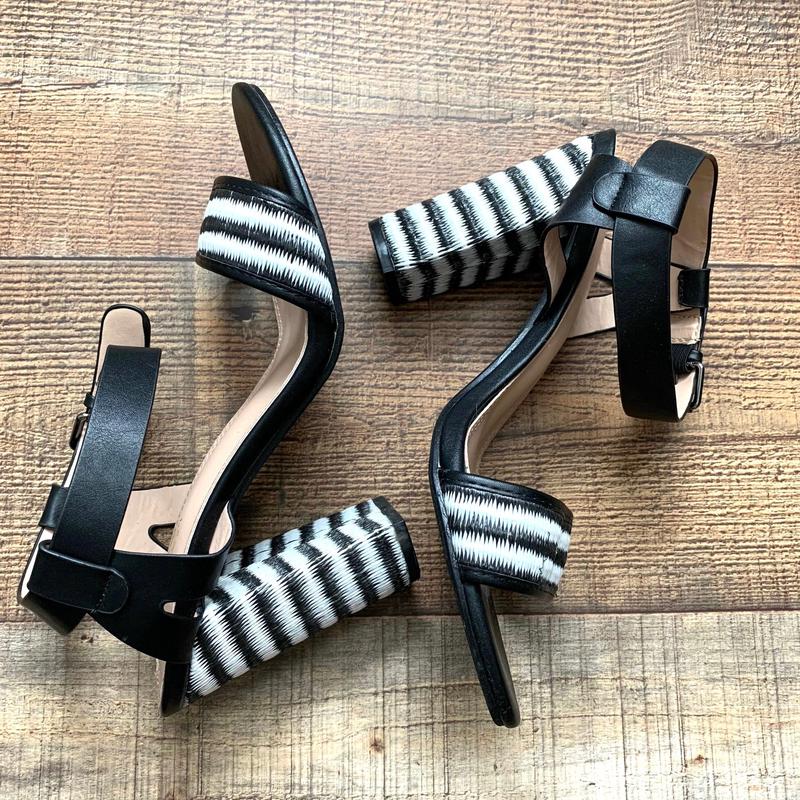 Modern Rush Black/White Striped Heel Ankle Strap Heels- Size 9