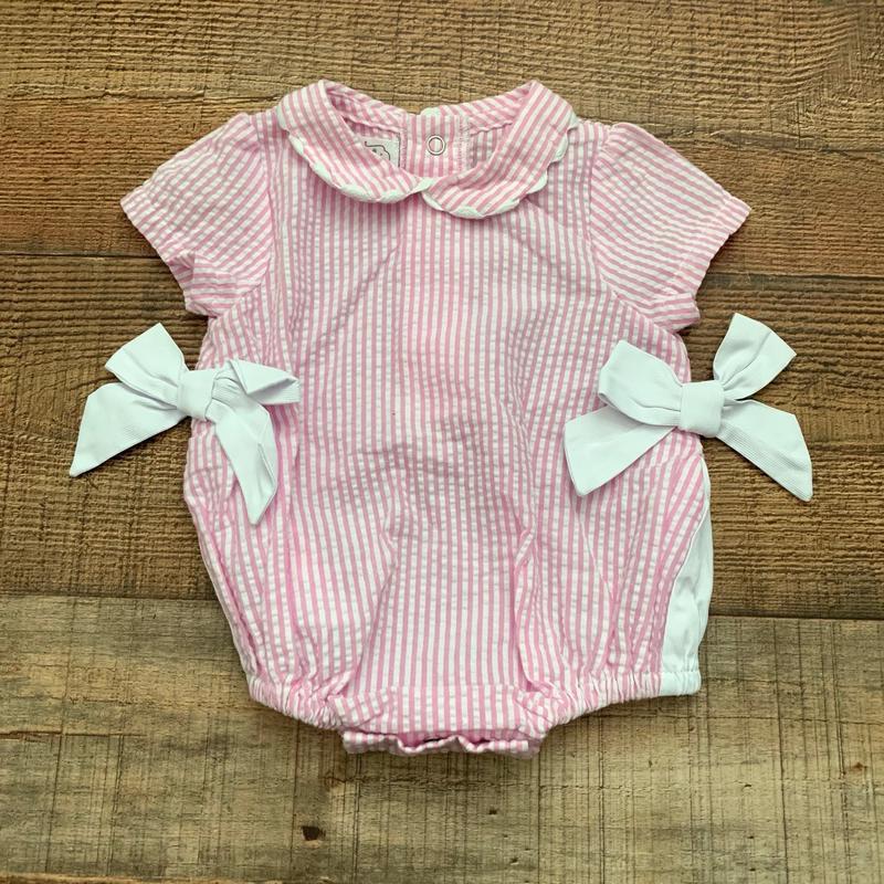 Mudpie Pink Seersucker Side Bow Romper- Size 0-3M