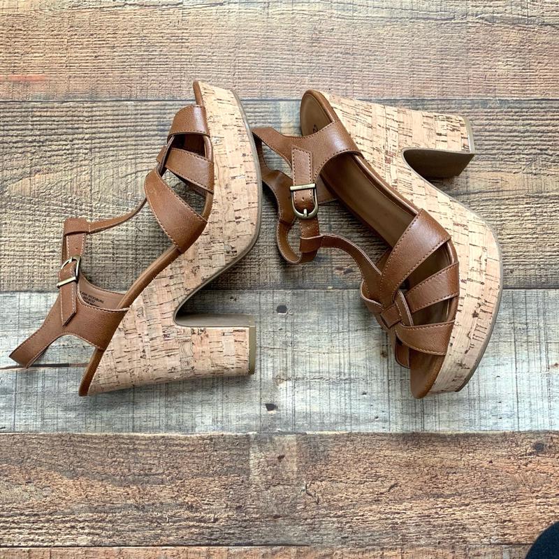 Anna Cognac Cork Slingback Heels- Size 9