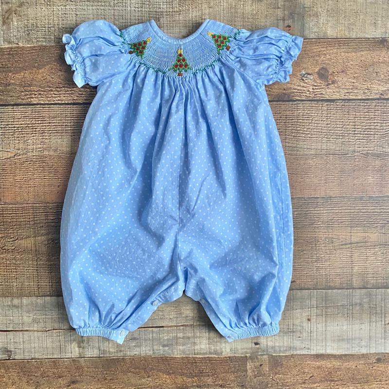 Belli Terell Blue Polka Dot Christmas Tree Bubble Romper- Size 12M