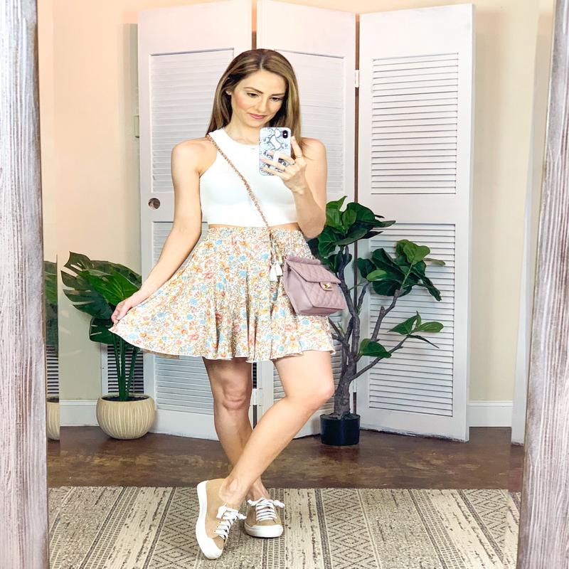 Aakaa Tan Floral Print Skirt - Size S