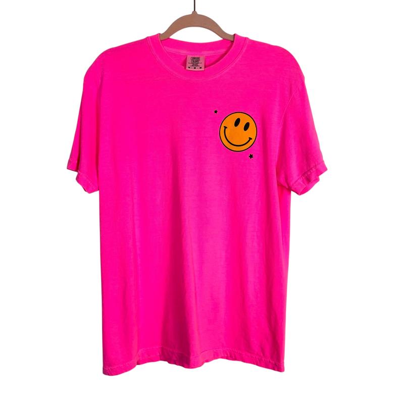 Comfort Colors Neon Pink Smiley Face Channings Joy Foundation Tee- Size M