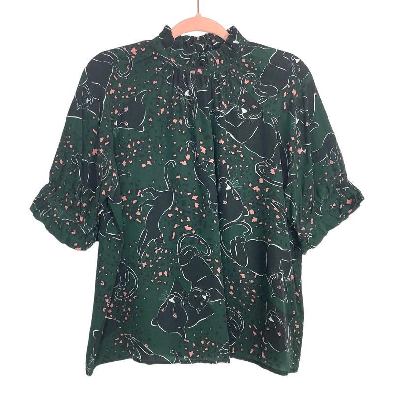 Corey Lynn Calter Deep Green Animal Print Panther Print Blouse- Size L