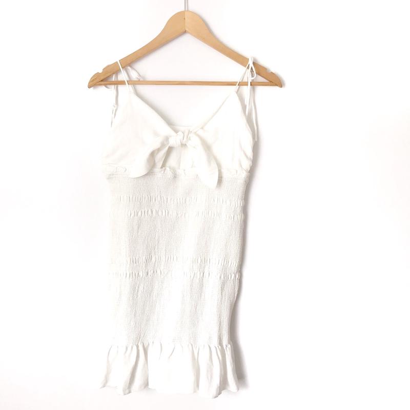 Cotton Candy White Smocked Tie Front Mini Dress- Size S