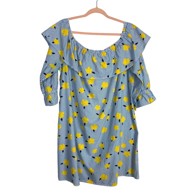 Crown & Ivy Blue and White Striped Yellow Floral Print Off the Shoulder Dress- Size XXL