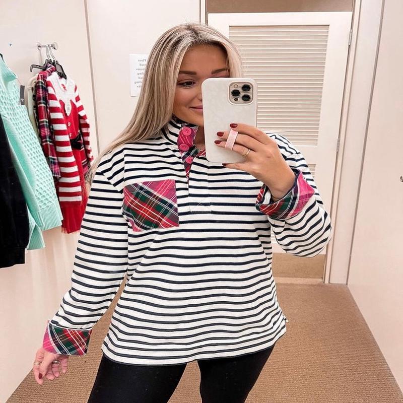 Crown & Ivy Ivory/Navy Striped with Plaid Pocket and Details Button Sweatshirt NWT- Size S