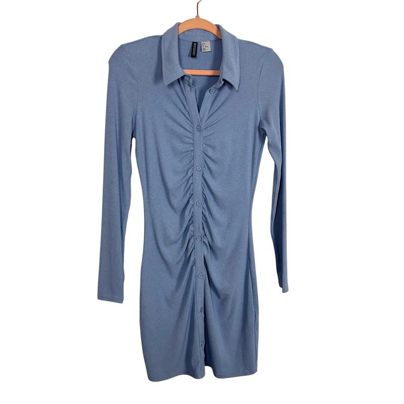 Divided H&M Light Blue Ruched Button Up Dress - Size S