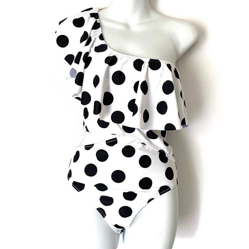 DixPerfect Black & White Polka Dot One Shoulder Cut Out Side One Piece- Size M
