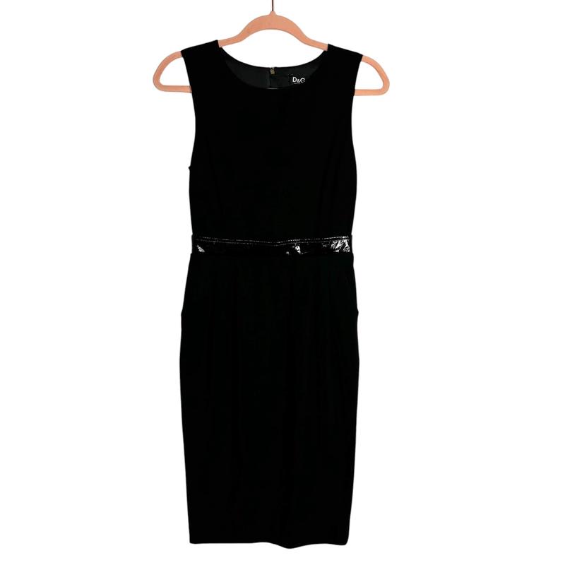Dolce & Gabbana Vintage Black Wool Blend with Patent Detail Sleeveless Dress- Size 38 (Fits like a US XS)