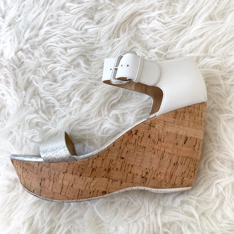 Donald J Pliner White & Silver Cork Wedge- Size 9