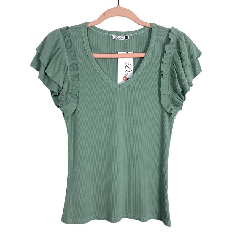 Dorose Sage Ribbed Ruffle Sleeve Top NWT- Size S