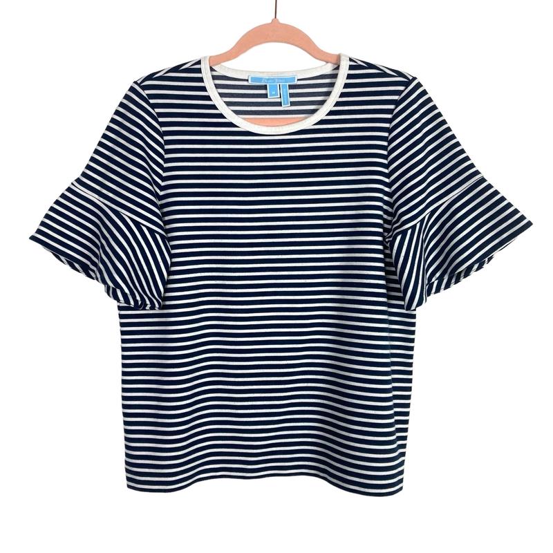 Draper James Blue and White Striped Ruffle Sleeve Top- Size M
