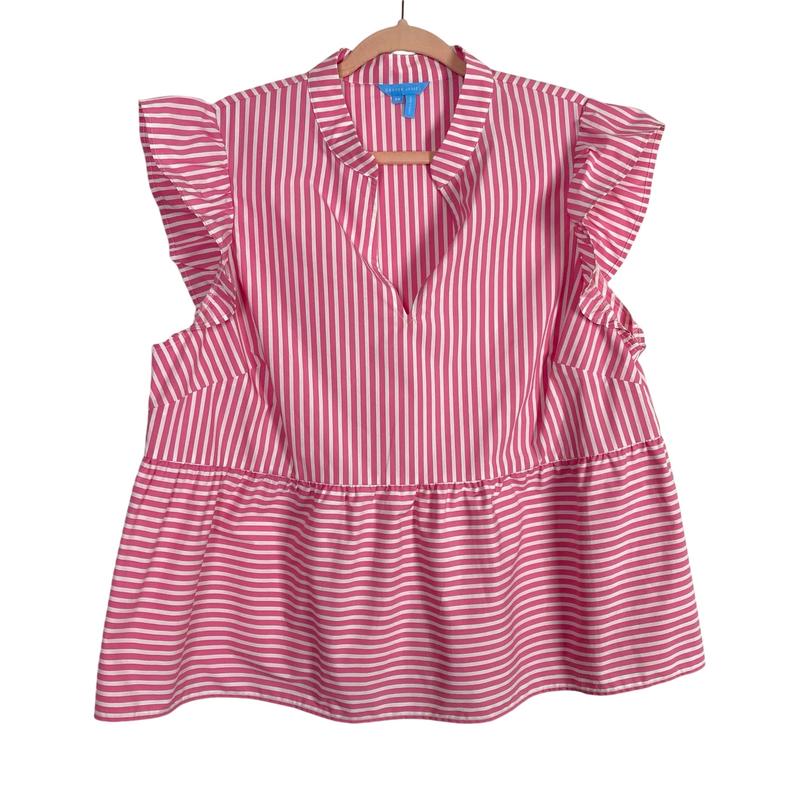 Draper James Pink and White Striped Ruffle V-Neck Top- Size 1X