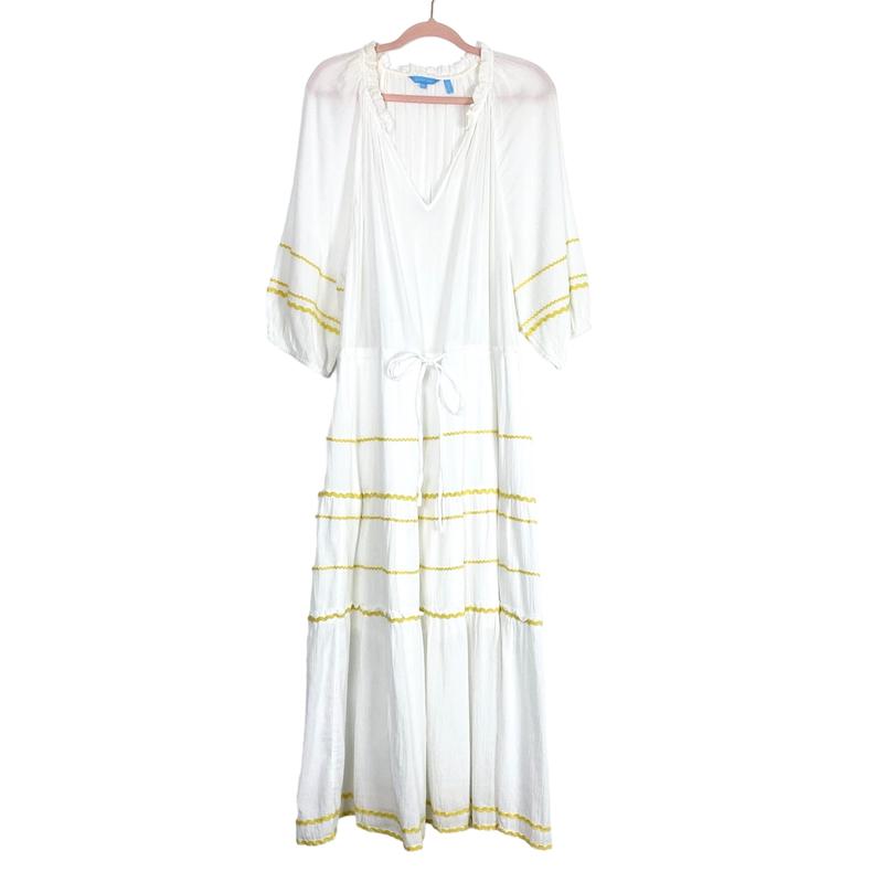 Draper James White Gauze with Yellow Ric Rac and Ruffle Neckline Drawstring Waist Dress- Size 1X (see notes)