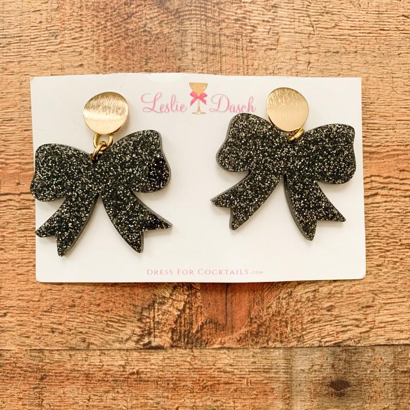 Dress For Cocktails by Leslie Dasch Black Sparkle Bow Earrings NWT