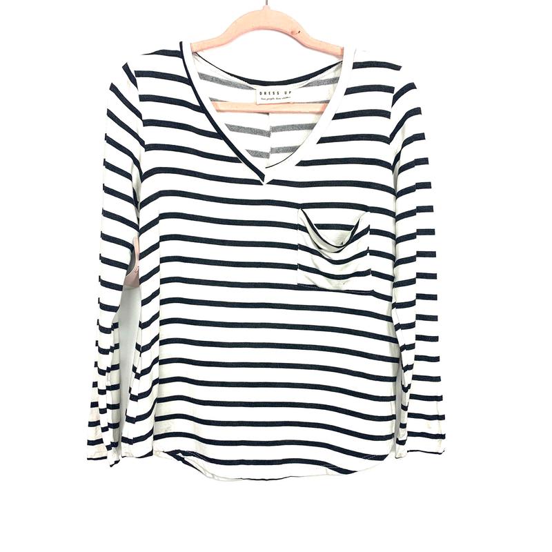 Dress Up White Striped V-Neck Front Pocket Long Sleeve Top NWT- Size S