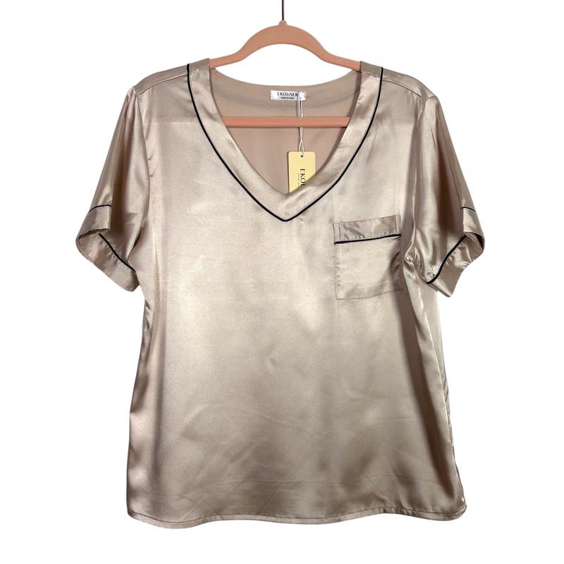 Ekouaer Champagne with Black Trim Satin Pajamas Set NWT- Size S (sold as a set)