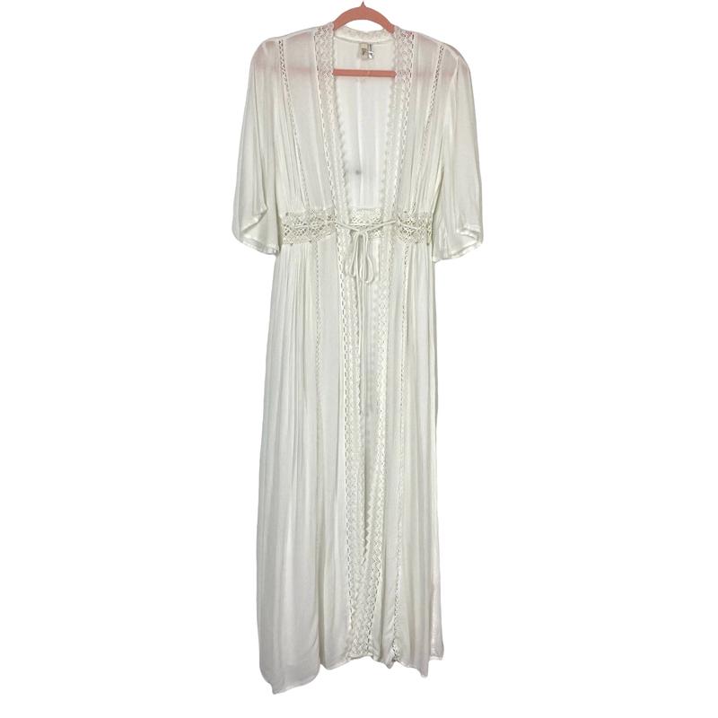 Elan White Crochet Trim Front Tie Cover Up- Size S