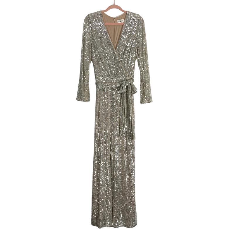 Eliza J Silver Sequins Belted Jumpsuit- Size 16