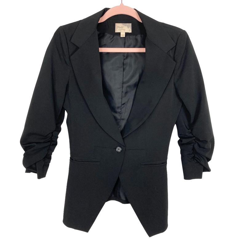Elizabeth and James Black Ruched Sleeves Pointed Hem Blazer- Size 2