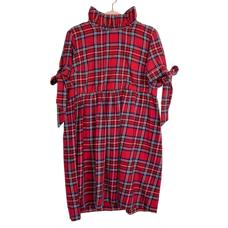 Elizabeth Wilson Red Plaid Tie Sleeve Ruffle Collar Dress- Size XL