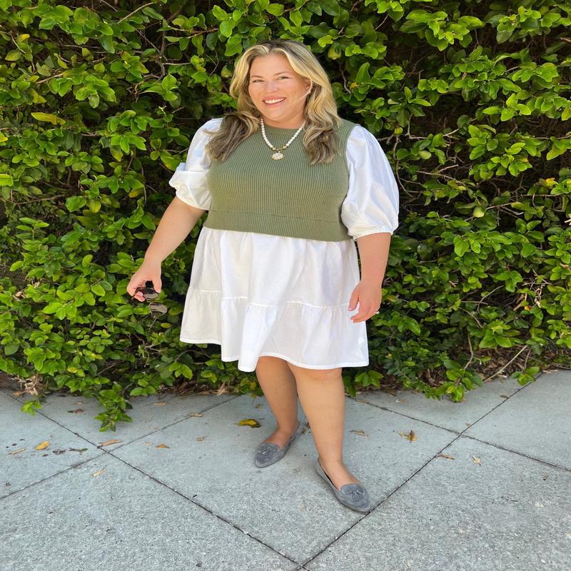 Eloquii Elements White Layered Look with Sage Sweater Vest Poplin Dress- Size 22/24 (sold out online)