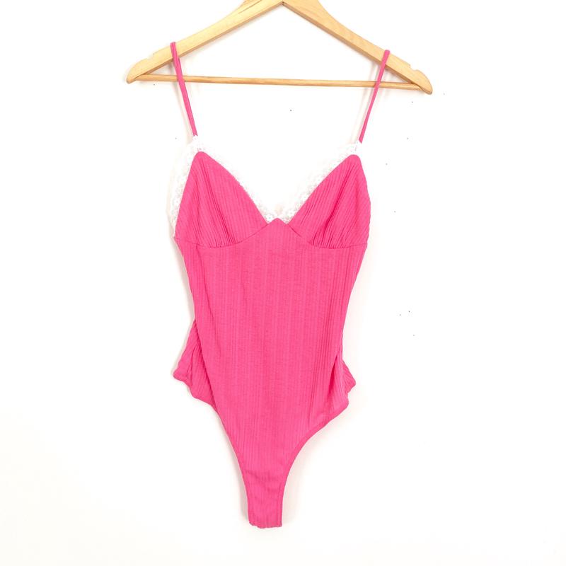 Emory Park Pink Thong Bodysuit with Lace Detail- Size S