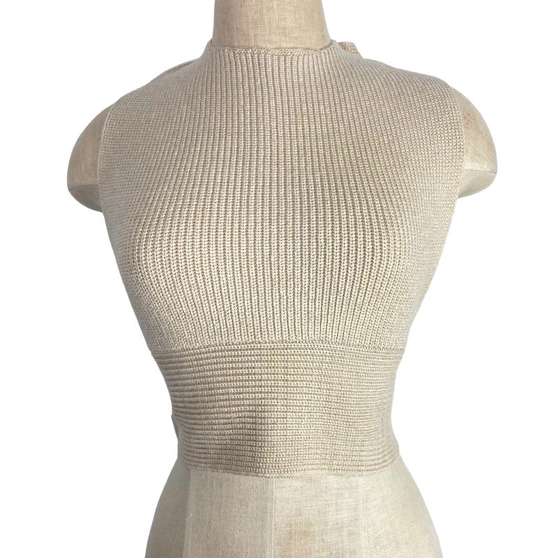 Free People Beach Tan Ribbed Knit High Neck Open Back with Back Ties Top- Size S