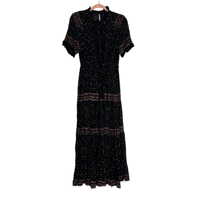 Free People Black Floral Drawstring Waist Dress- Size L