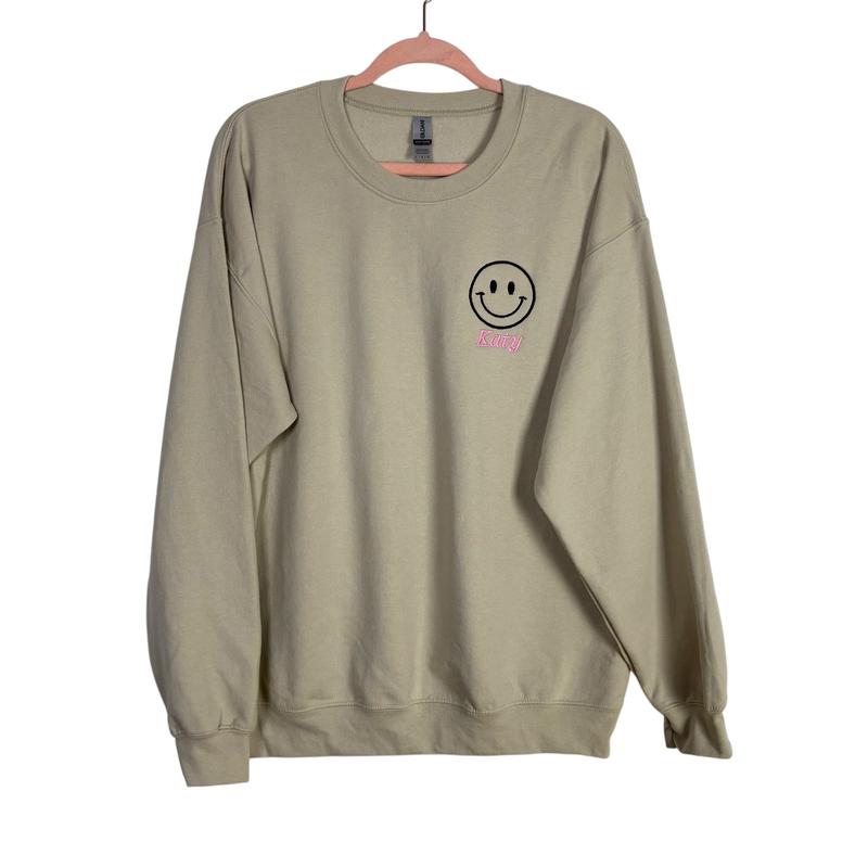 Gildan Beige Smiley Face Katy Sweatshirt- Size L