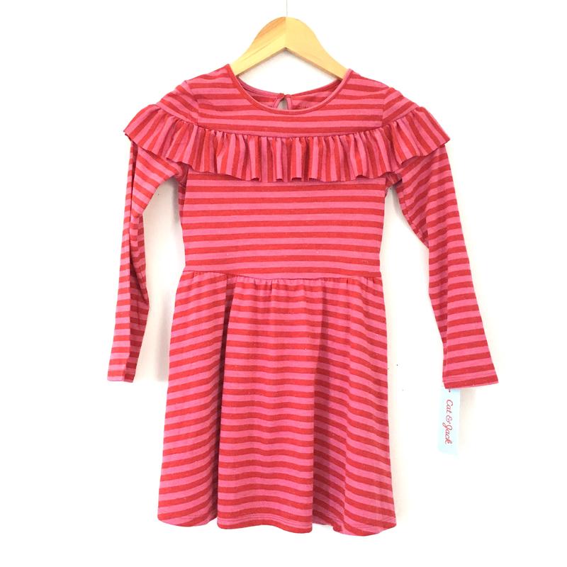 Girl\'s Youth Cat and Jack Pink Striped Ruffle Sparkle Dress NWOT- Size S(6/6X)