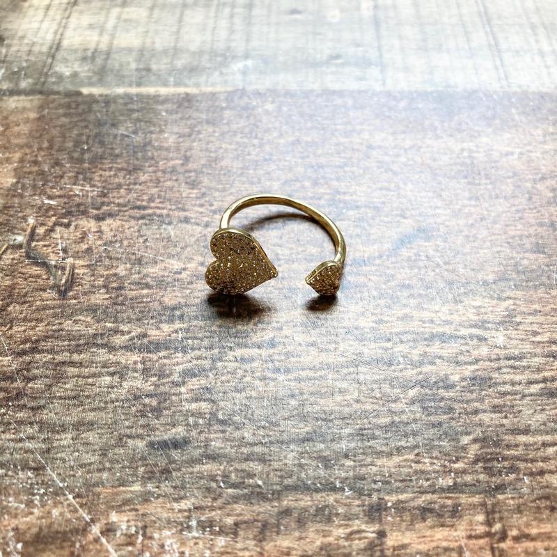 Gold Double Heart Rhinestone Adjustable Ring- Size 8/9